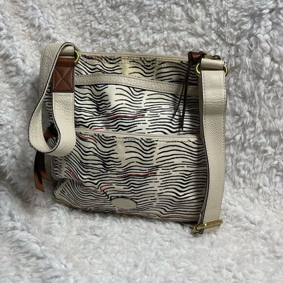 Fossil Morgan Messenger bag canvas beige,red &black stripes beige leather trims - Picture 7 of 15